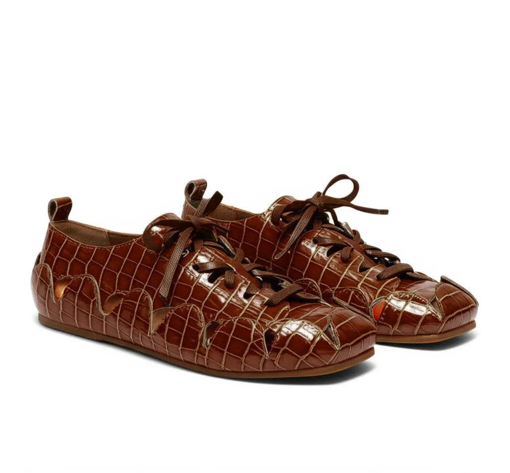 Brown Croc Print Leather Amigo Lace-Up Sneakers sold by Costoso Italiano