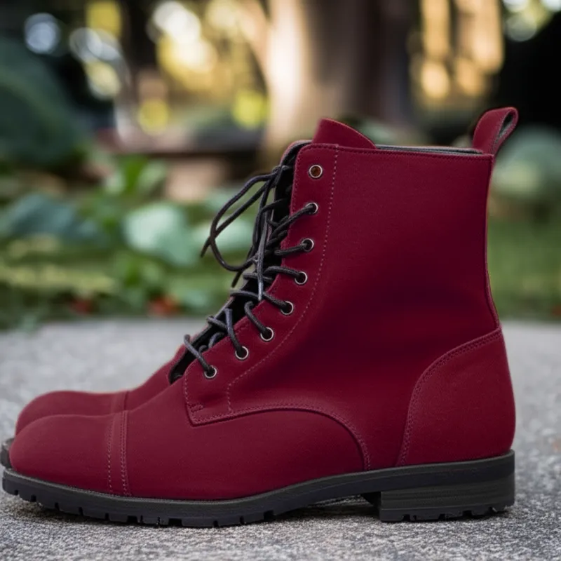 Burgundy Suede Leather Belinda Chunky Hiking Combat Lace Up Zipper Boots sold by Costoso Italiano