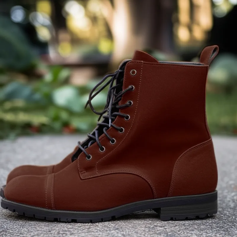 Brown Suede Leather Belinda Chunky Hiking Combat Lace Up Zipper Boots sold by Costoso Italiano