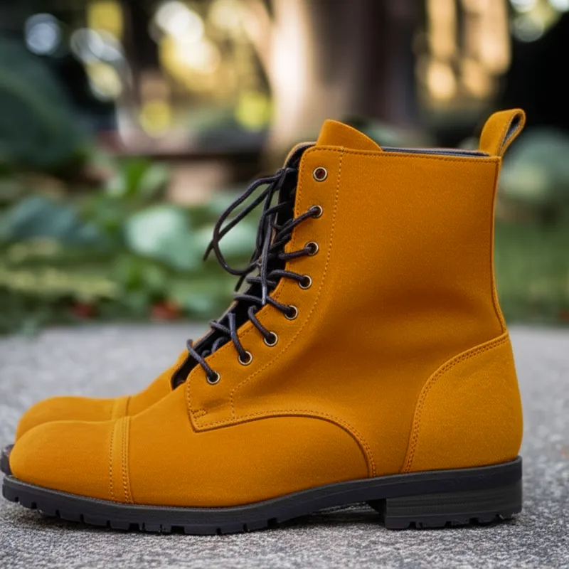 Tan Suede Leather Belinda Chunky Hiking Combat Lace Up Zipper Boots sold by Costoso Italiano