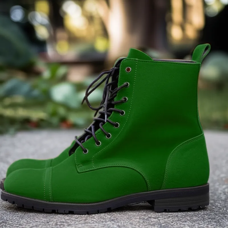 Green Suede Leather Belinda Chunky Hiking Combat Lace Up Zipper Boots sold by Costoso Italiano