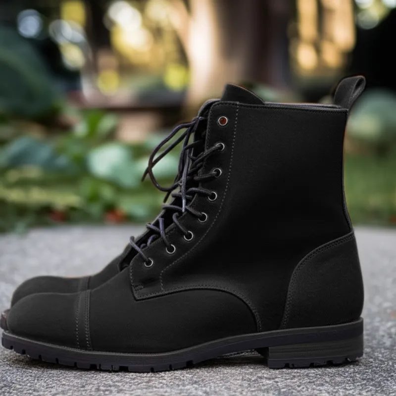 Black Suede Leather Belinda Chunky Hiking Combat Lace Up Zipper Boots sold by Costoso Italiano