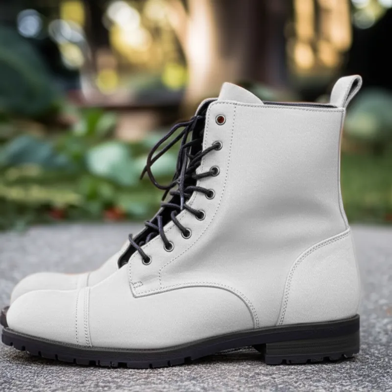 White Suede Leather Belinda Chunky Hiking Combat Lace Up Zipper Boots sold by Costoso Italiano