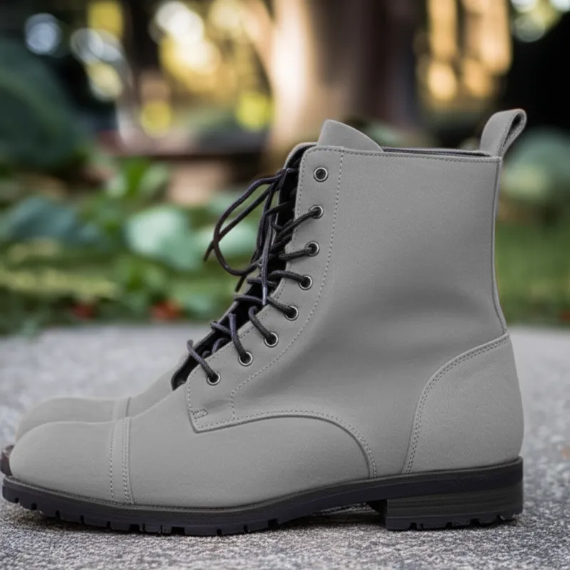 Grey Suede Leather Belinda Chunky Hiking Combat Lace Up Zipper Boots sold by Costoso Italiano