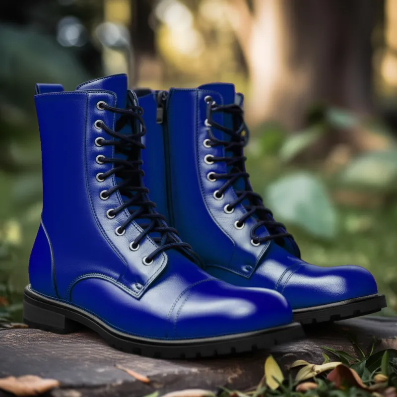Blue Leather Belinda Chunky Hiking Combat Lace Up Zipper Boots sold by Costoso Italiano