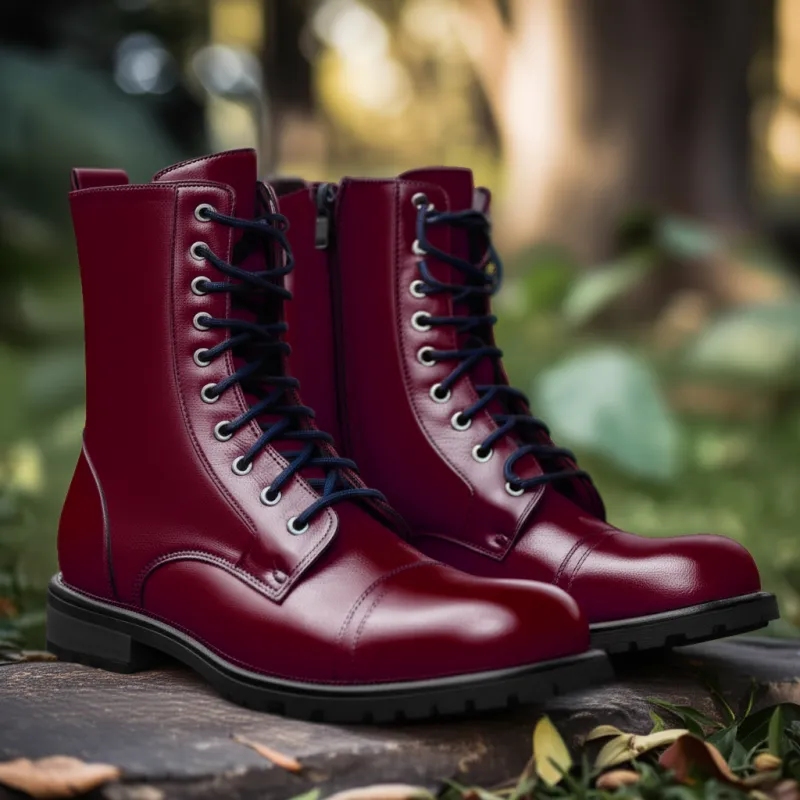 Burgundy Leather Belinda Chunky Hiking Combat Lace Up Zipper Boots sold by Costoso Italiano