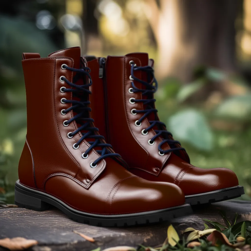 Brown Leather Belinda Chunky Hiking Combat Lace Up Zipper Boots sold by Costoso Italiano