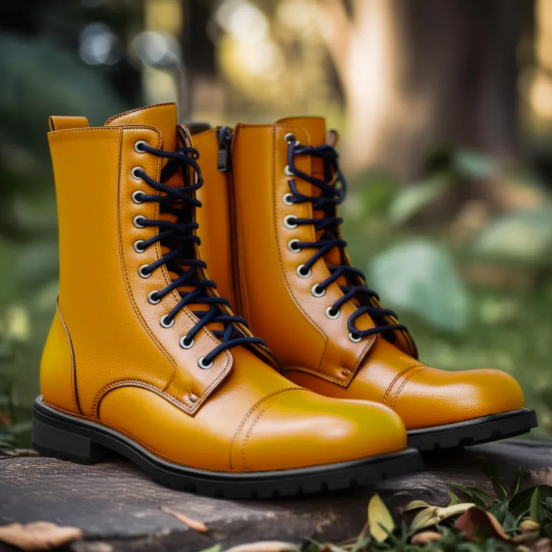 Tan Leather Belinda Chunky Hiking Combat Lace Up Zipper Boots sold by Costoso Italiano