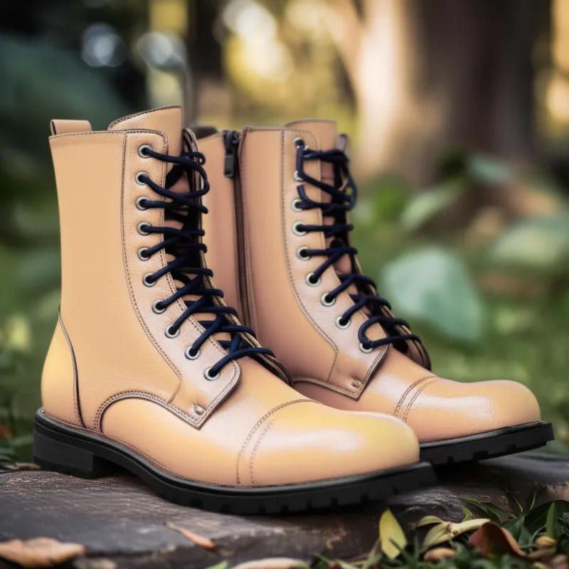 Cream Leather Belinda Chunky Hiking Combat Lace Up Zipper Boots sold by Costoso Italiano