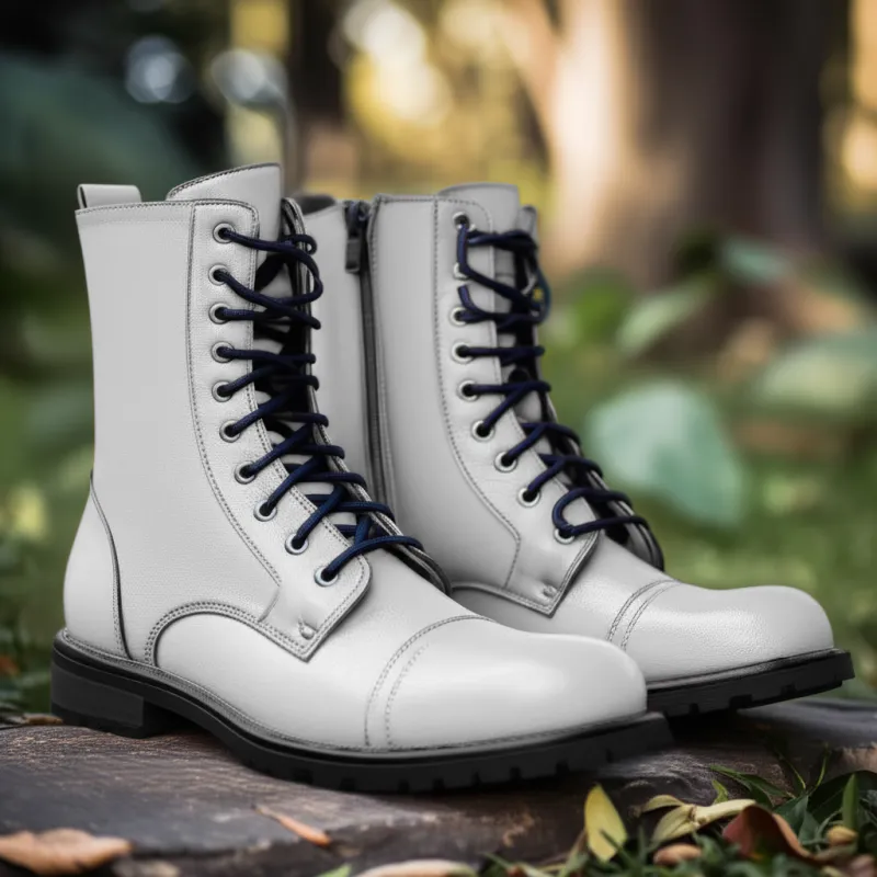 White Leather Belinda Chunky Hiking Combat Lace Up Zipper Boots sold by Costoso Italiano