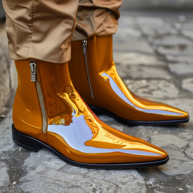 Tan Patent Leather Gaspare Slip-On Pointed Zipper Boots sold by Costoso Italiano