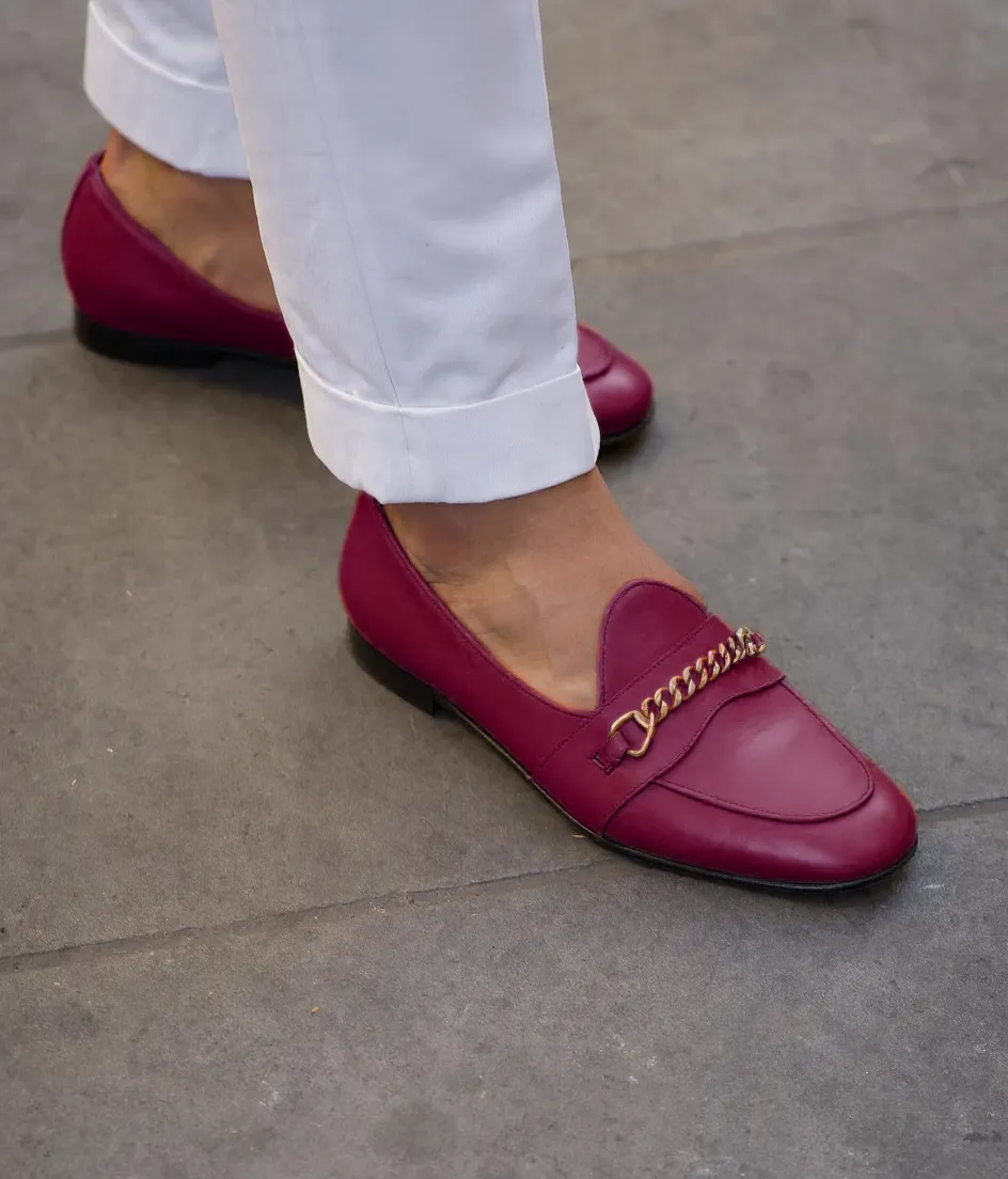 Burgundy Leather Guida Loafers With Chain sold by Costoso Italiano