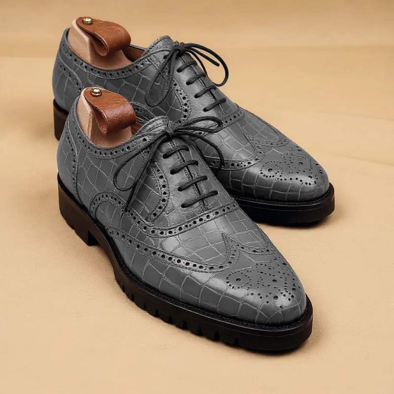 Grey Croc Print Leather Rene Brogue Chunky Oxfords Shoes WORK EDITION sold by Costoso Italiano
