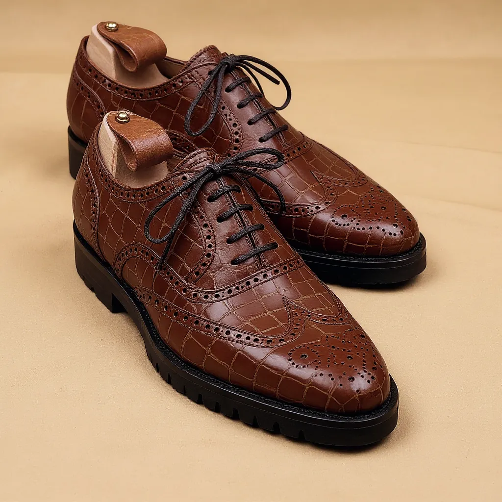Brown Croc Print Leather Rene Brogue Chunky Oxfords Shoes WORK EDITION sold by Costoso Italiano