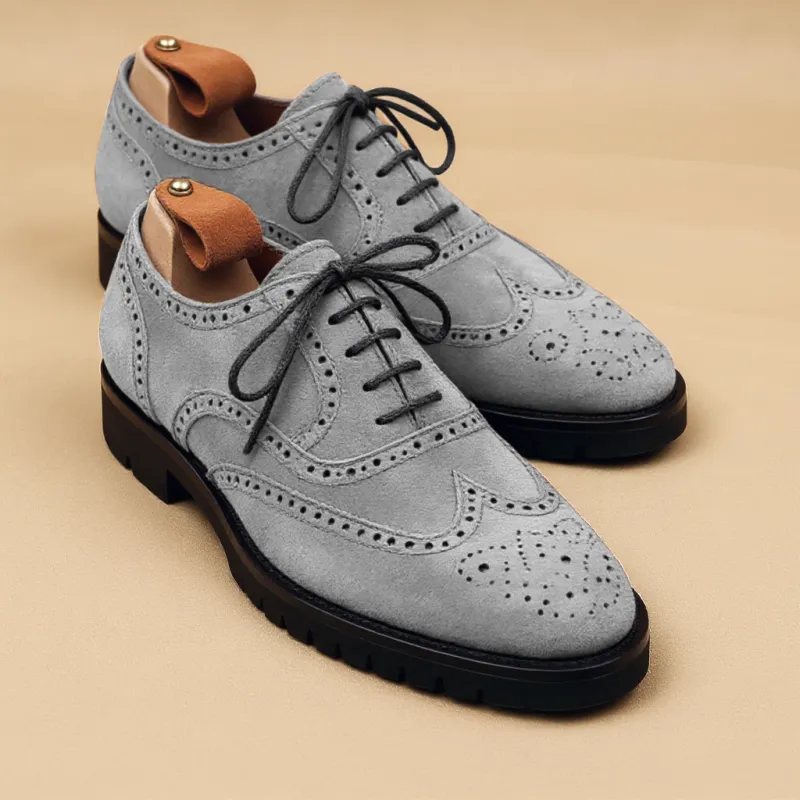 White Suede Leather Rene Brogue Chunky Oxfords Shoes WORK EDITION made by Costoso Italiano