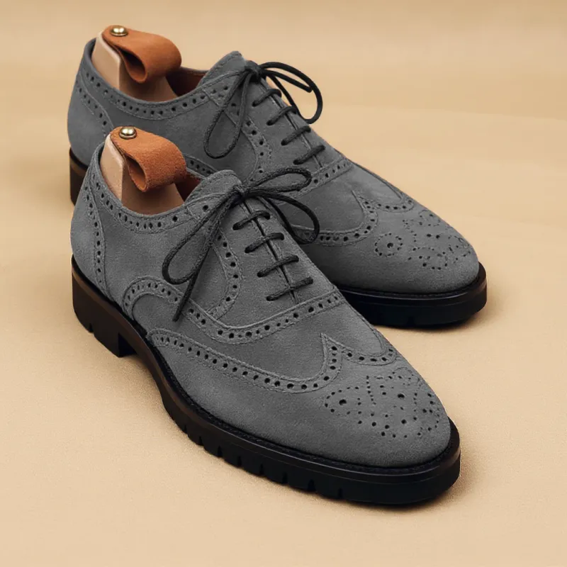 Grey Suede Leather Rene Brogue Chunky Oxfords Shoes WORK EDITION sold by Costoso Italiano