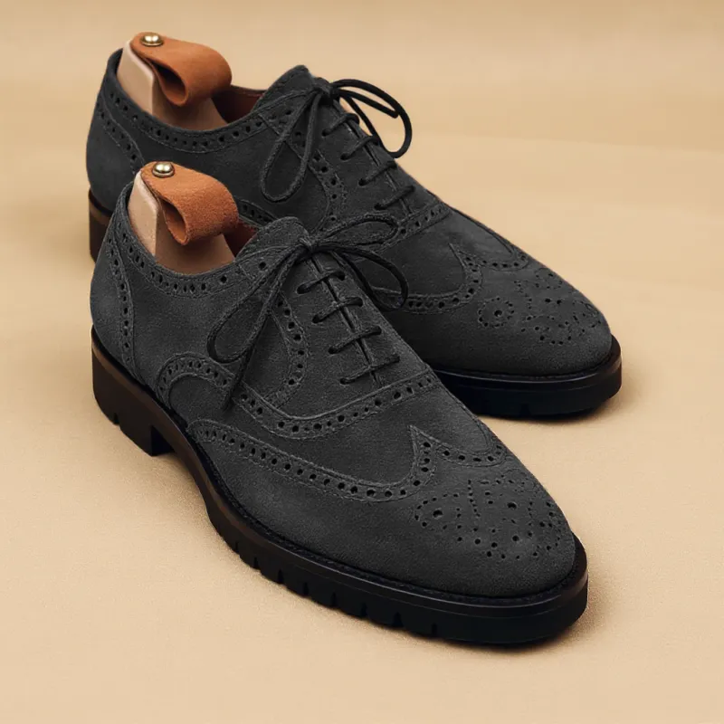 Black Suede Leather Rene Brogue Chunky Oxfords Shoes WORK EDITION sold by Costoso Italiano