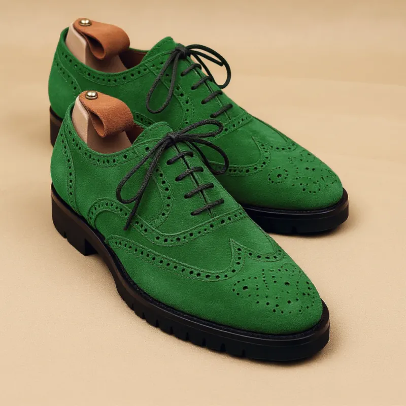 Green Suede Leather Rene Brogue Chunky Oxfords Shoes WORK EDITION sold by Costoso Italiano