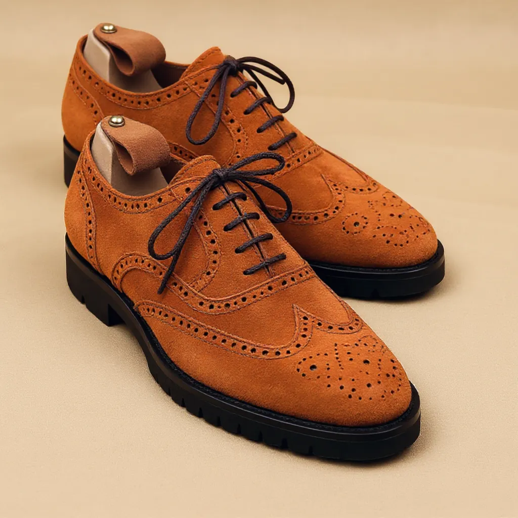 Tan Suede Leather Rene Brogue Chunky Oxfords Shoes WORK EDITION sold by Costoso Italiano