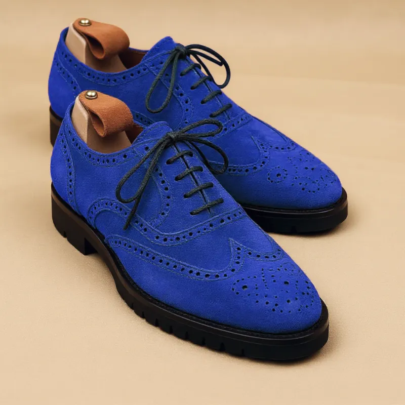 Blue Suede Leather Rene Brogue Chunky Oxfords Shoes WORK EDITION sold by Costoso Italiano