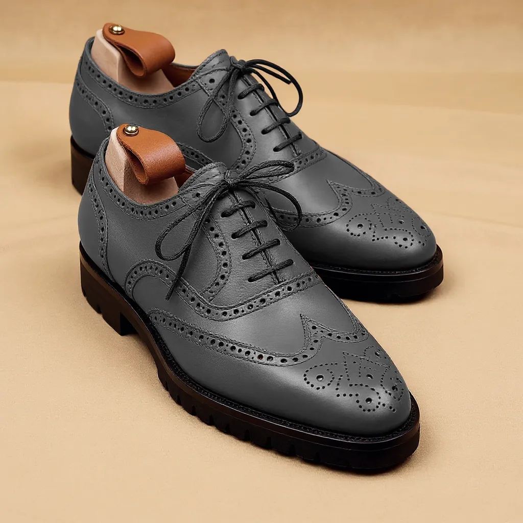 Grey Leather Rene Brogue Chunky Oxfords Shoes WORK EDITION sold by Costoso Italiano