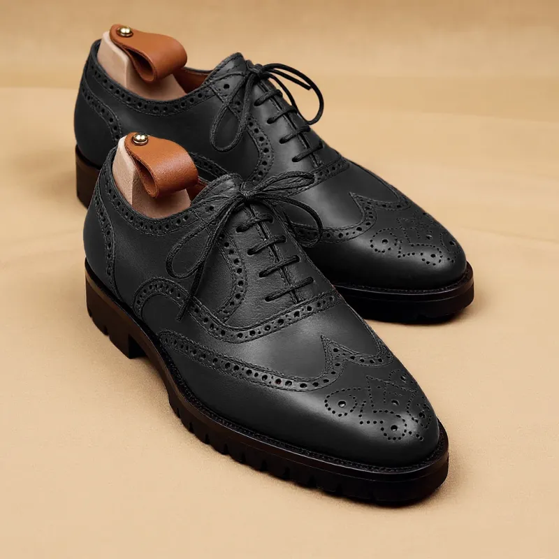 Black Leather Rene Brogue Chunky Oxfords Shoes WORK EDITION sold by Costoso Italiano