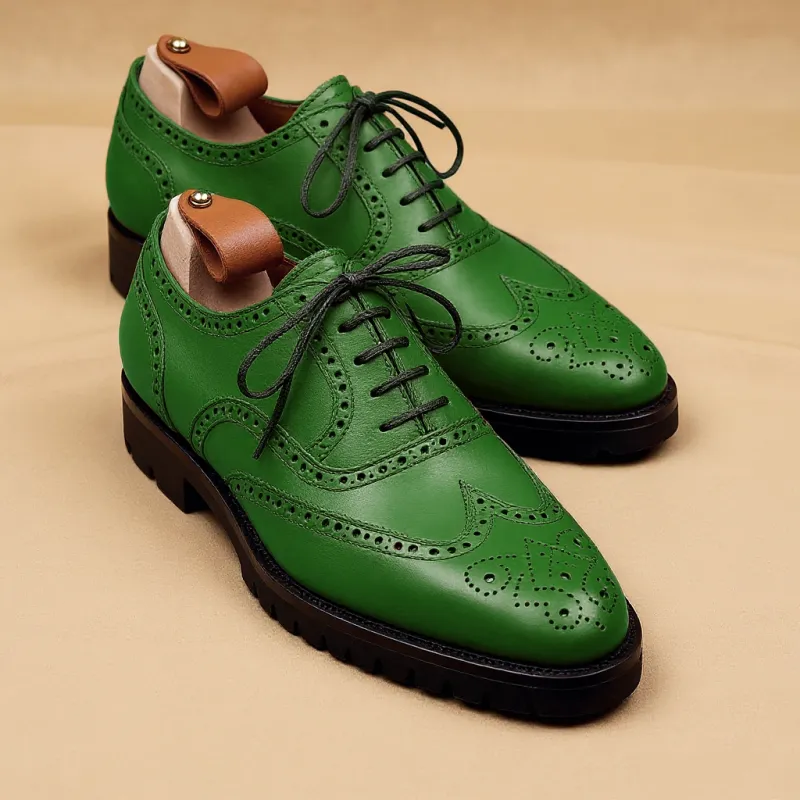 Green Leather Rene Brogue Chunky Oxfords Shoes WORK EDITION sold by Costoso Italiano