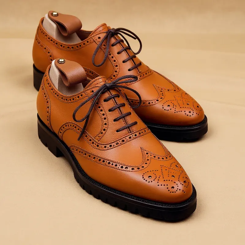Tan Leather Rene Brogue Chunky Oxfords Shoes WORK EDITION sold by Costoso Italiano