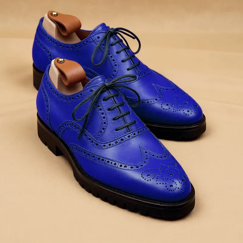 Blue Leather Rene Brogue Chunky Oxfords Shoes WORK EDITION sold by Costoso Italiano