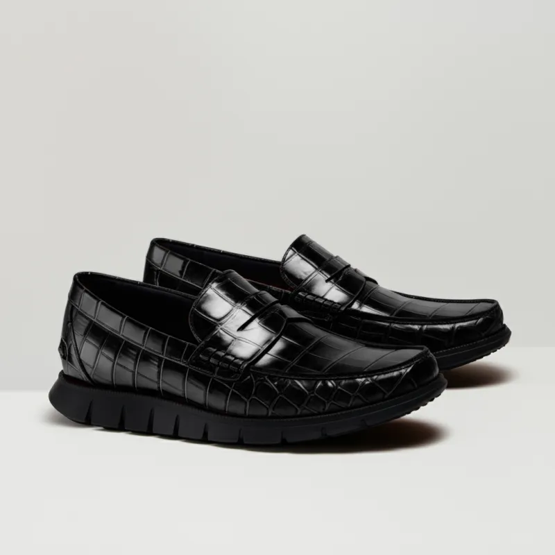 Black Croc Print Leather Evarado Penny Loafers with Black Hybrid Sole - SS23 sold by Costoso Italiano