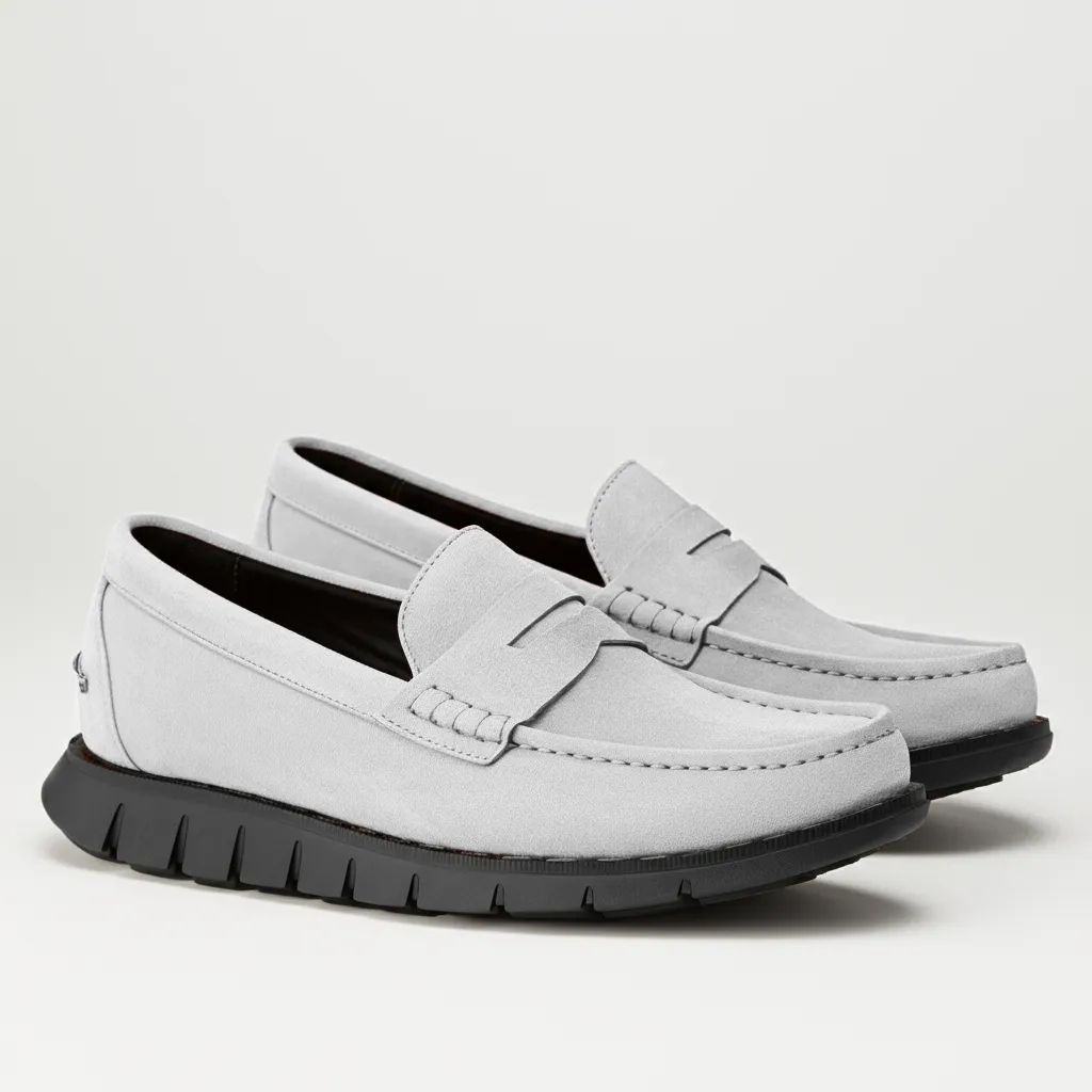 White Suede Leather Evarado Penny Loafers with Black Hybrid Sole - SS23 sold by Costoso Italiano