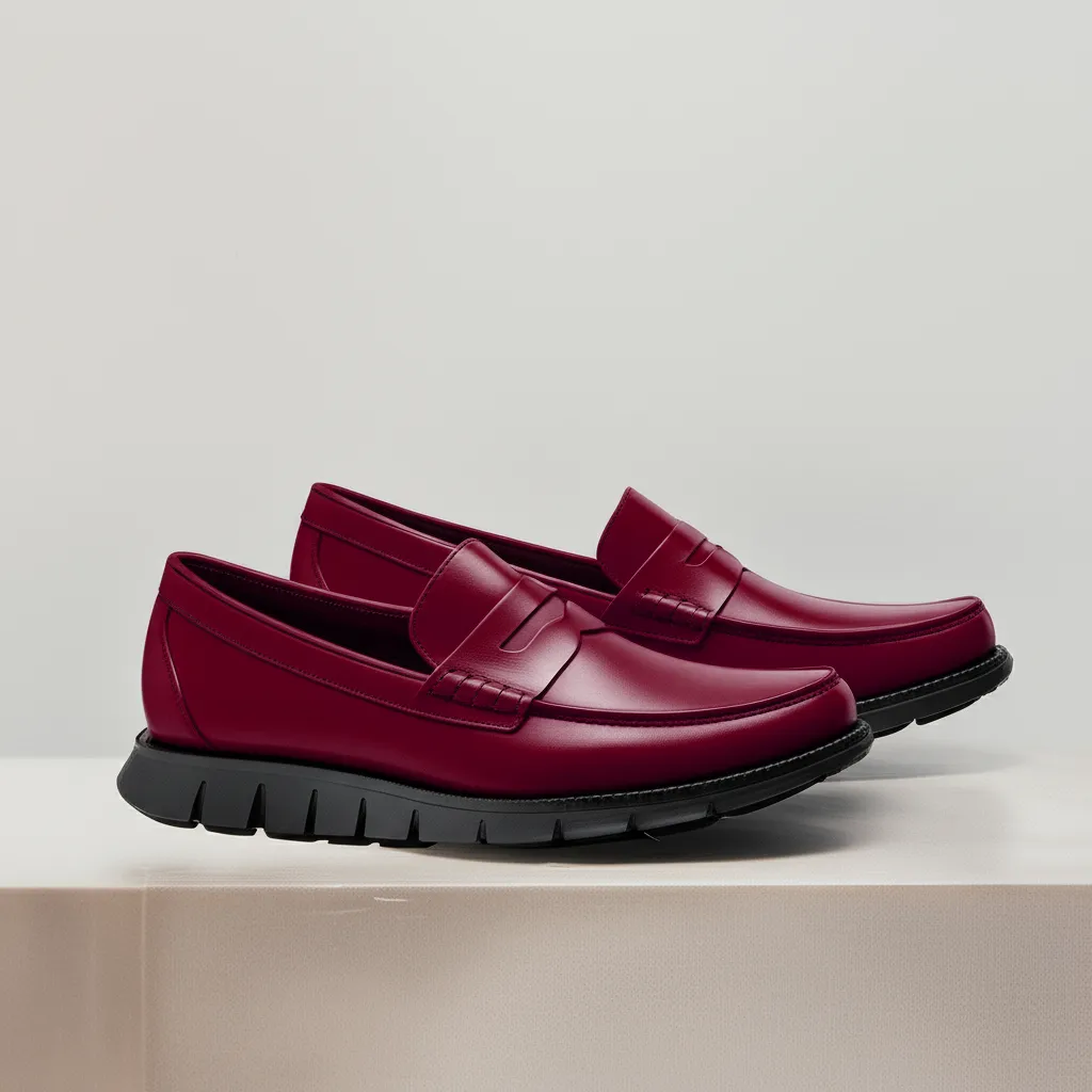 Burgundy Leather Evarado Penny Loafers with Black Hybrid Sole - SS23 sold by Costoso Italiano