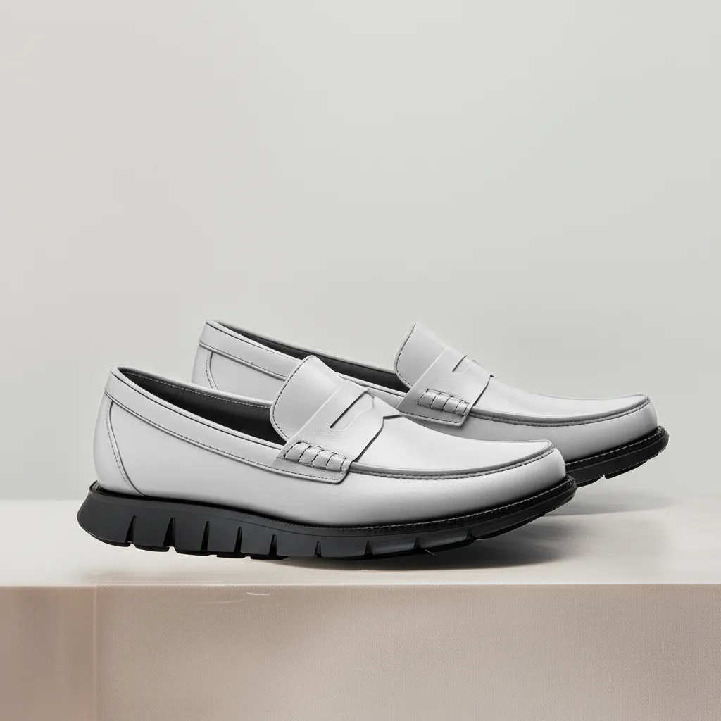 White Leather Evarado Penny Loafers with Black Hybrid Sole - SS23 sold by Costoso Italiano