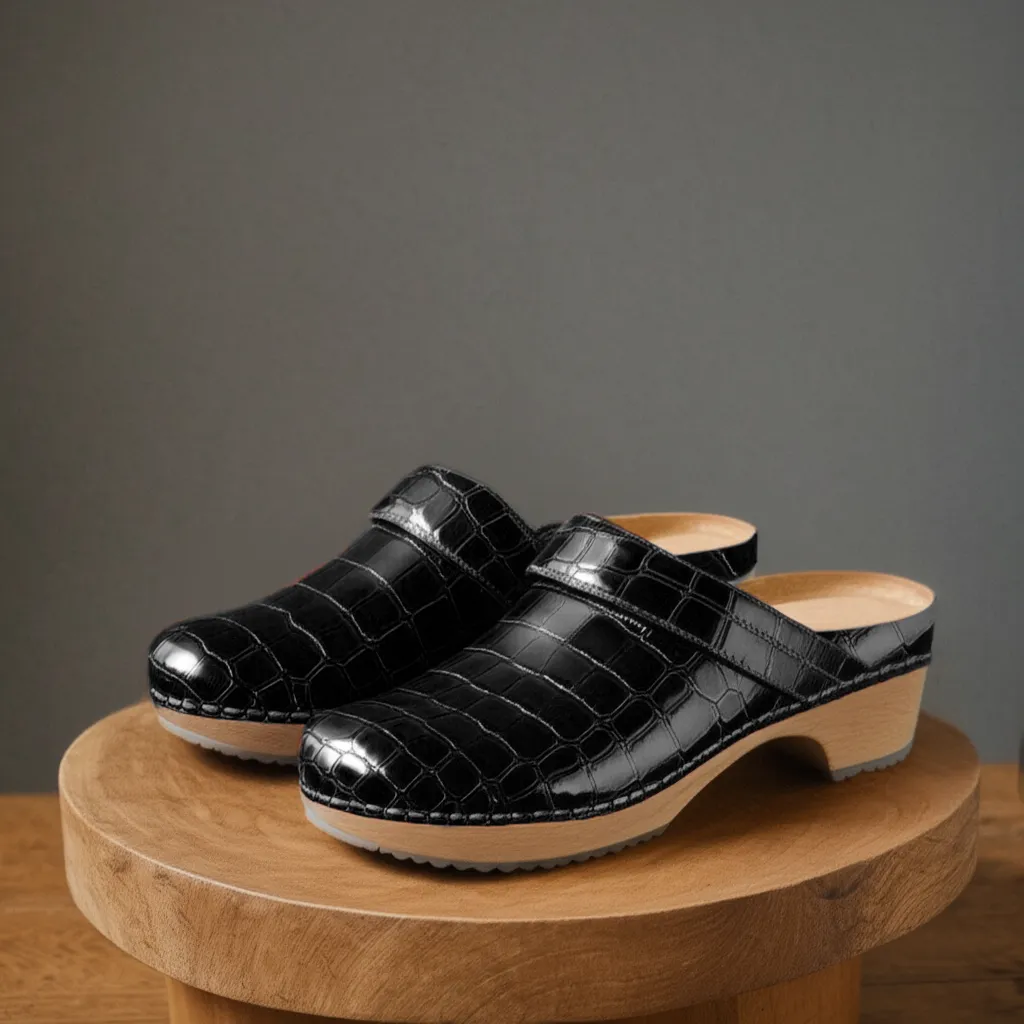 Black Croc Print Leather Celeste Calm Mule Loafers - Summer 2024 Collection sold by Costoso Italiano