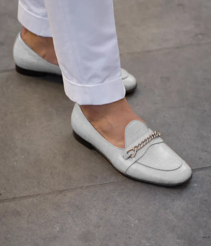 White Croc Print Leather Guida Loafers With Chain sold by Costoso Italiano