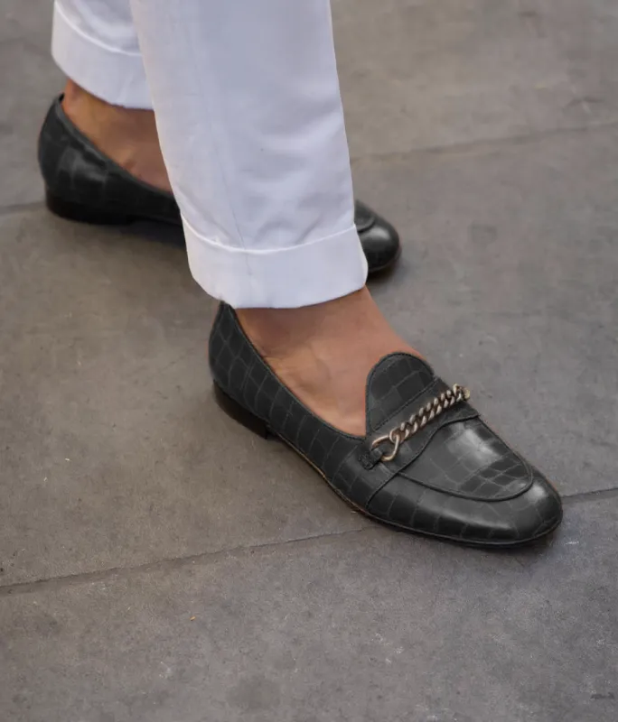 Black Croc Print Leather Guida Loafers With Chain sold by Costoso Italiano