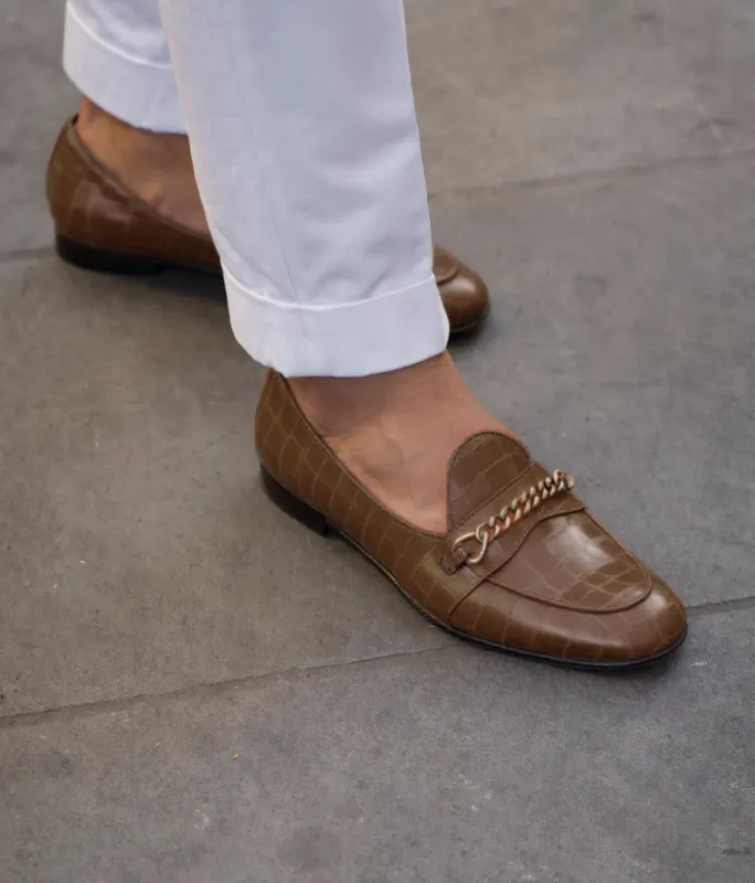 Brown Croc Print Leather Guida Loafers With Chain sold by Costoso Italiano