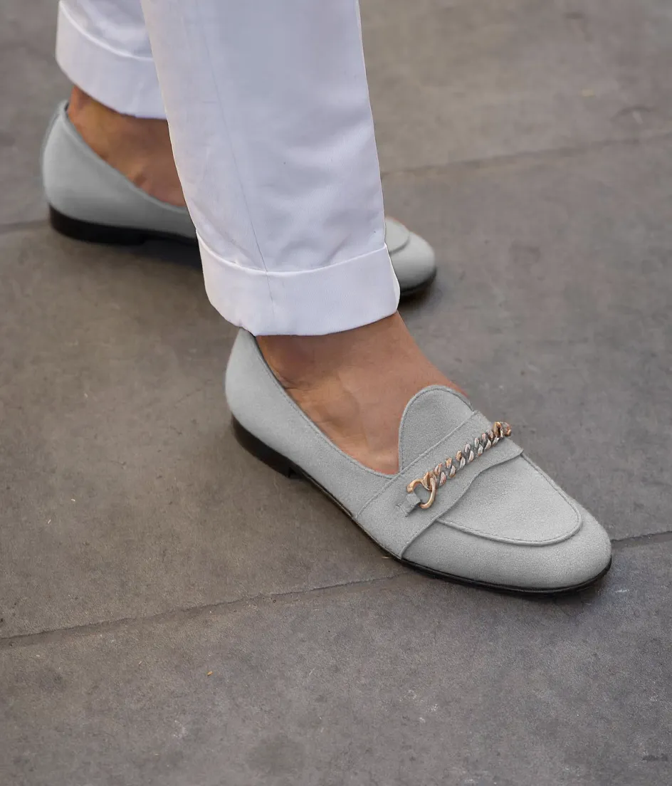 White Suede Leather Guida Loafers With Chain sold by Costoso Italiano