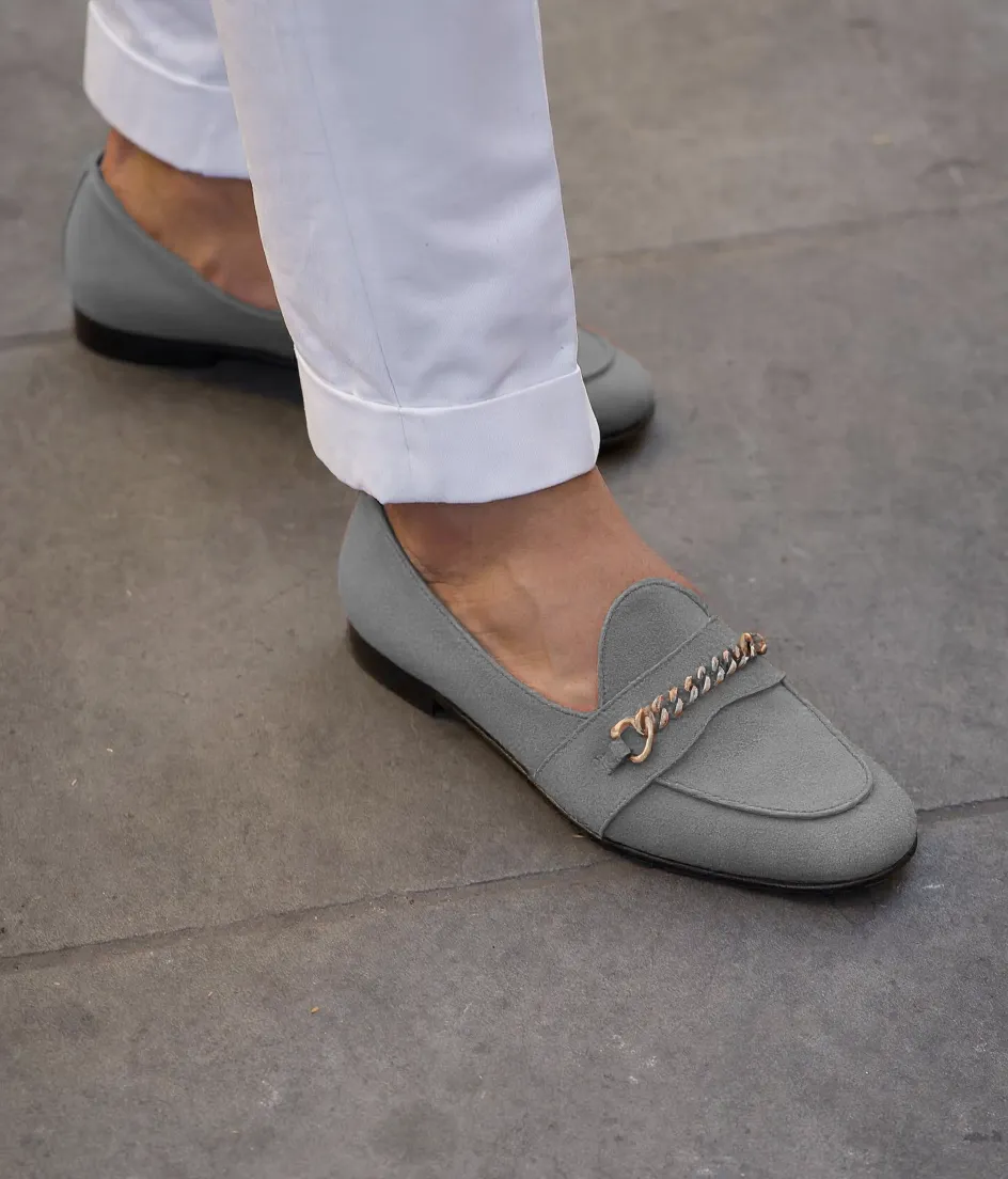 Grey Suede Leather Guida Loafers With Chain sold by Costoso Italiano