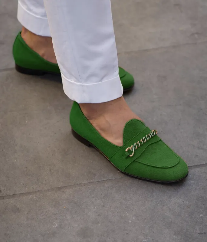 Green  Suede Leather Guida Loafers With Chain sold by Costoso Italiano