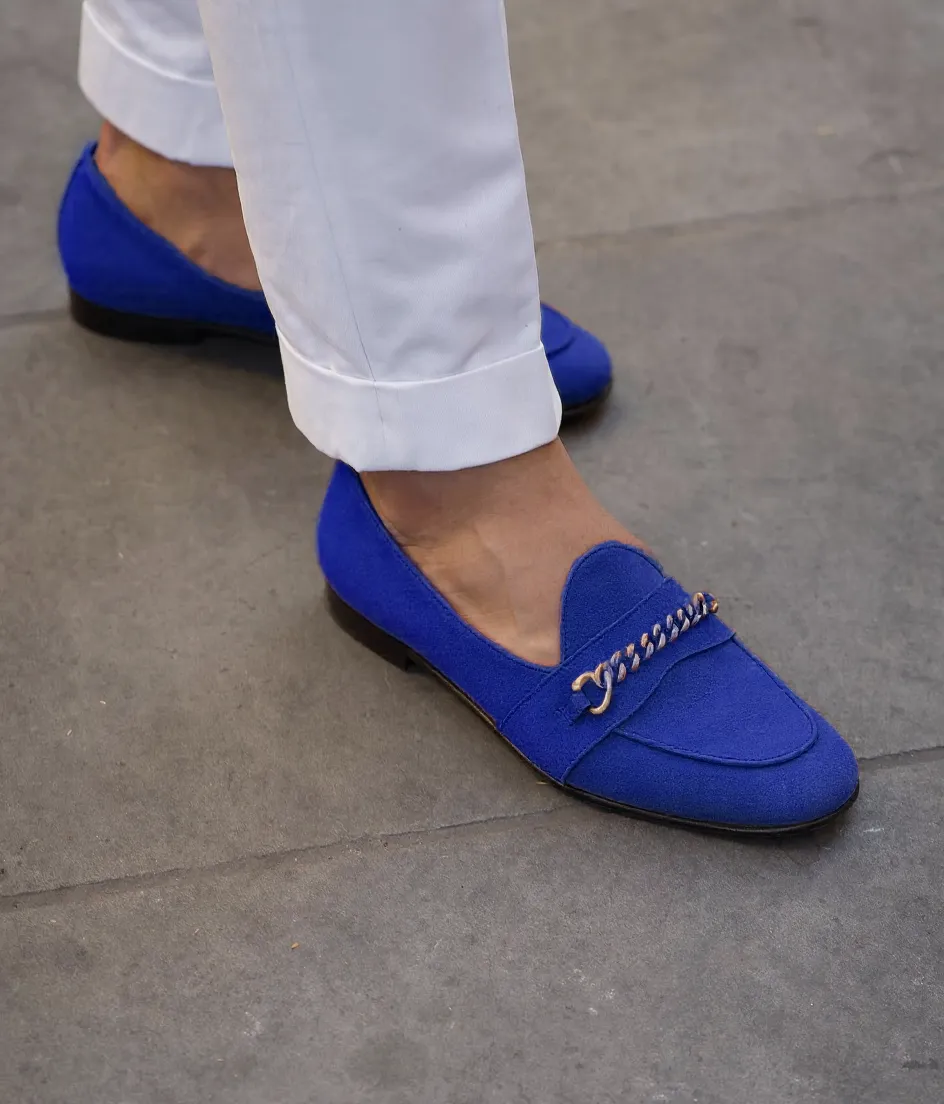 Blue Suede Leather Guida Loafers With Chain sold by Costoso Italiano