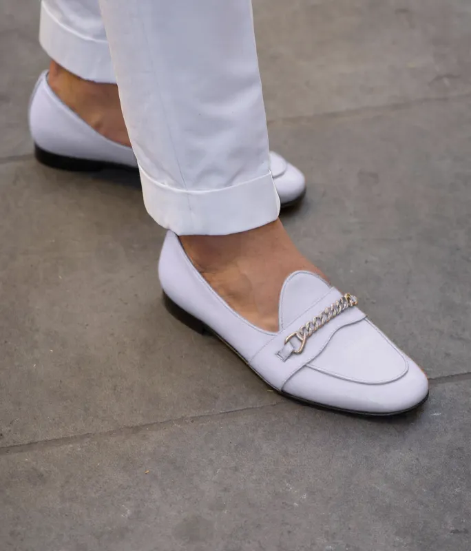 White Leather Guida Loafers With Chain sold by Costoso Italiano