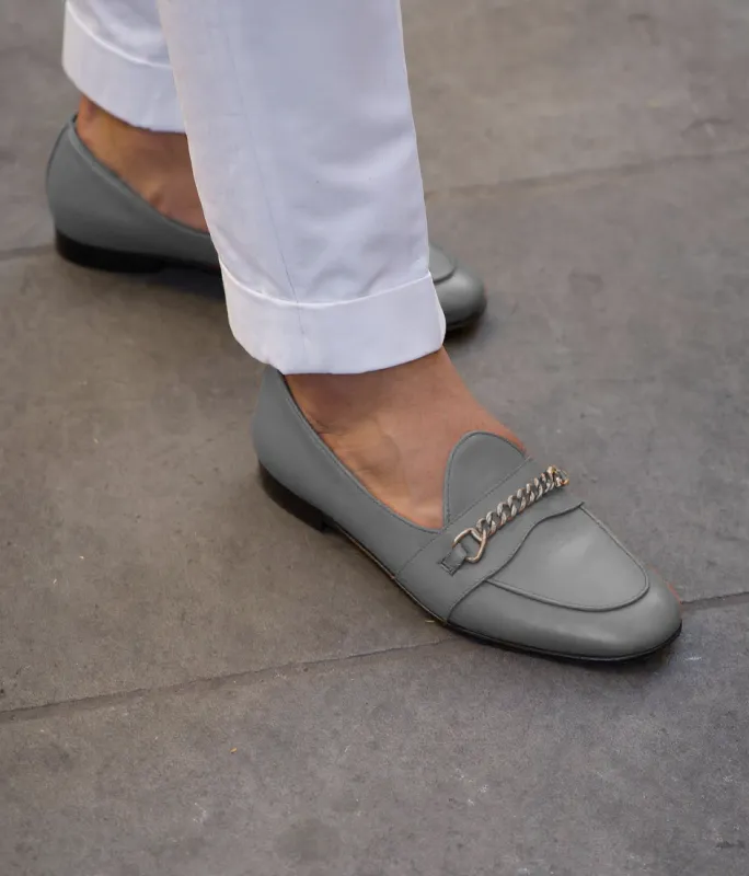 Grey Leather Guida Loafers With Chain sold by Costoso Italiano