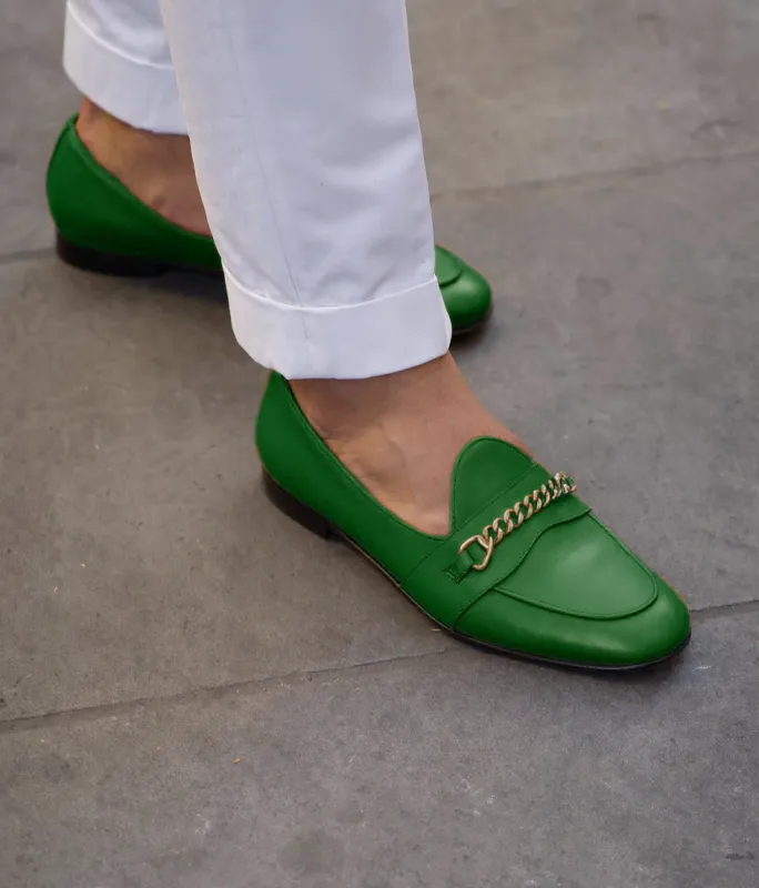 Green Leather Guida Loafers With Chain sold by Costoso Italiano
