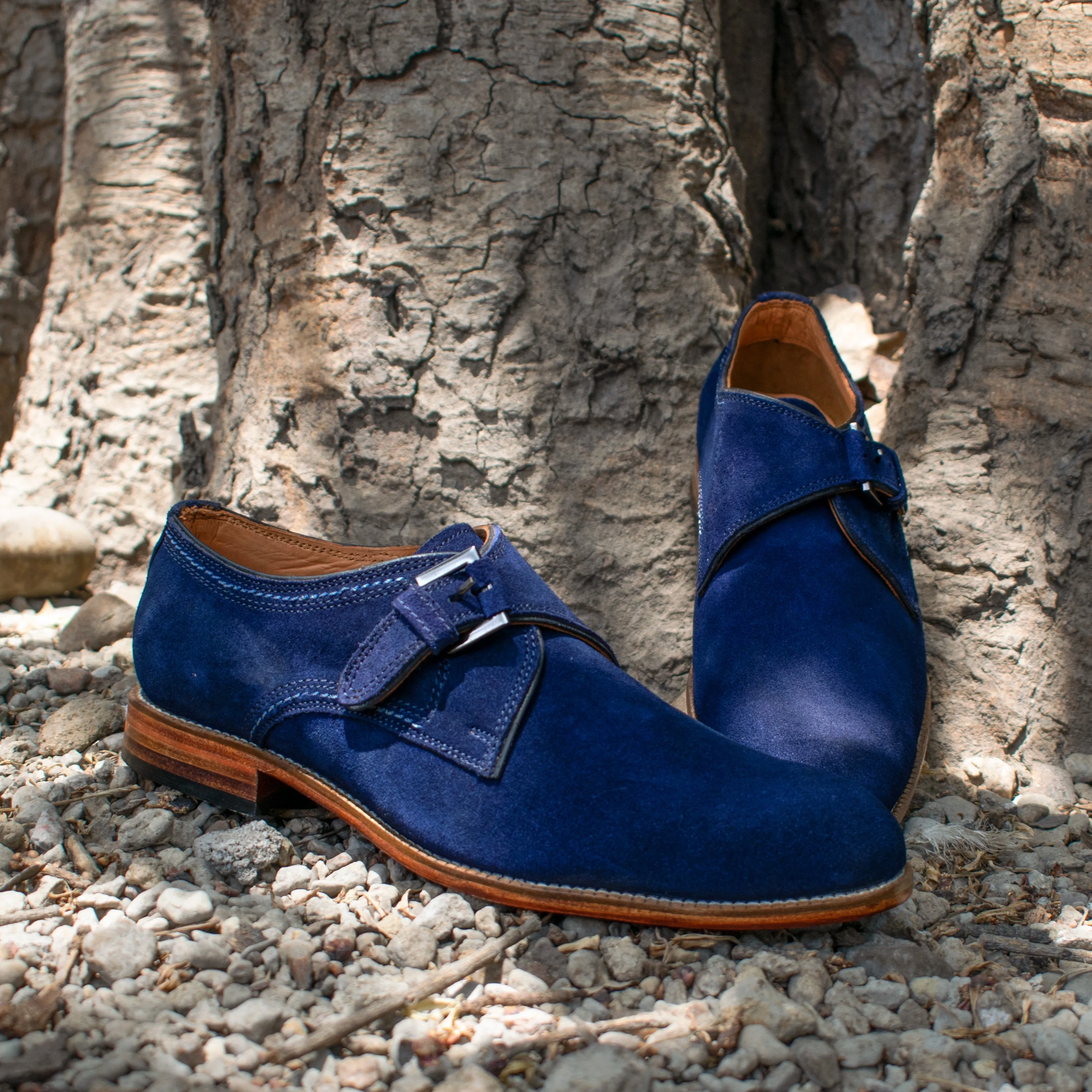 Height Increasing Navy Blue Suede Cheshire Monk Strap Shoes sold by Costoso Italiano