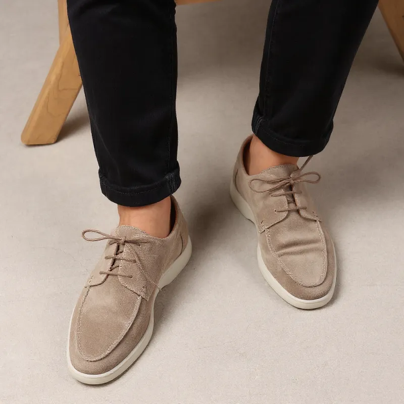 Height Increasing Light Grey Suede Leather Dameo Derby Shoes with White Sole - Summer 2024 Collection sold by Costoso Italiano