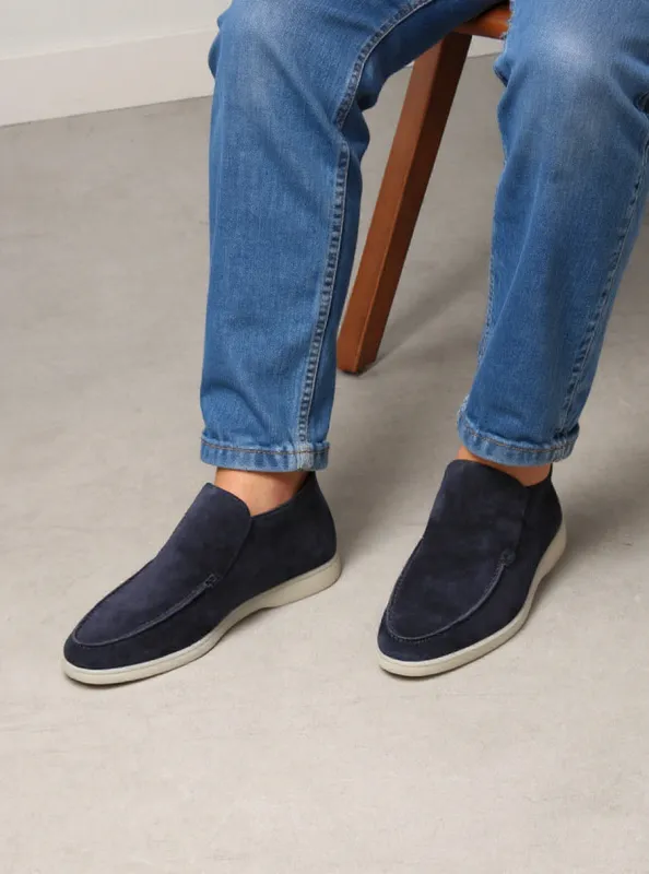 Navy Blue Leather Lusso Slip On Yatch Half Boots with White Soles - Summer 2024 Collection sold by Costoso Italiano