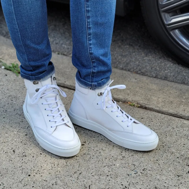 Height Increasing White Leather Foxton Lace Up High Top Sneakers - Summer 2024 Collection sold by Costoso Italiano