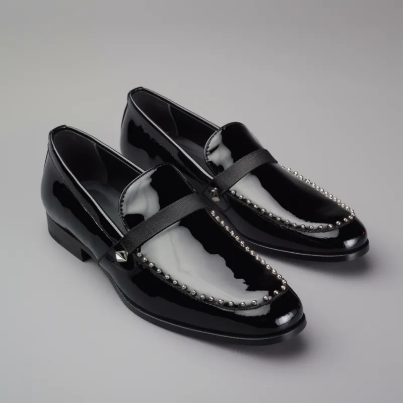 Black Patent Leather Spike Radien Slip On Studded Loafers - SS23 sold by Costoso Italiano