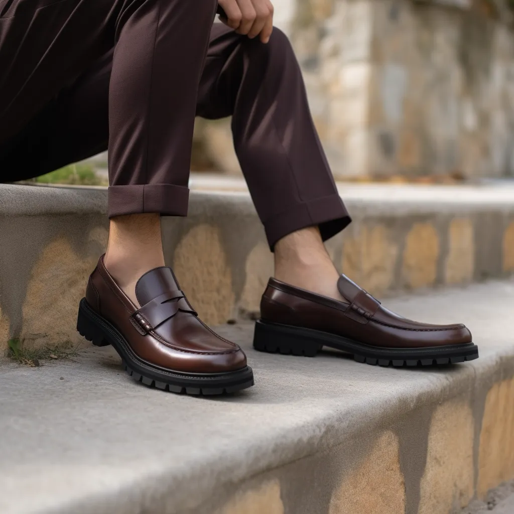 Brown Leather Knowlton Penny Loafers with Chunky Track Sole - SS23 sold by Costoso Italiano
